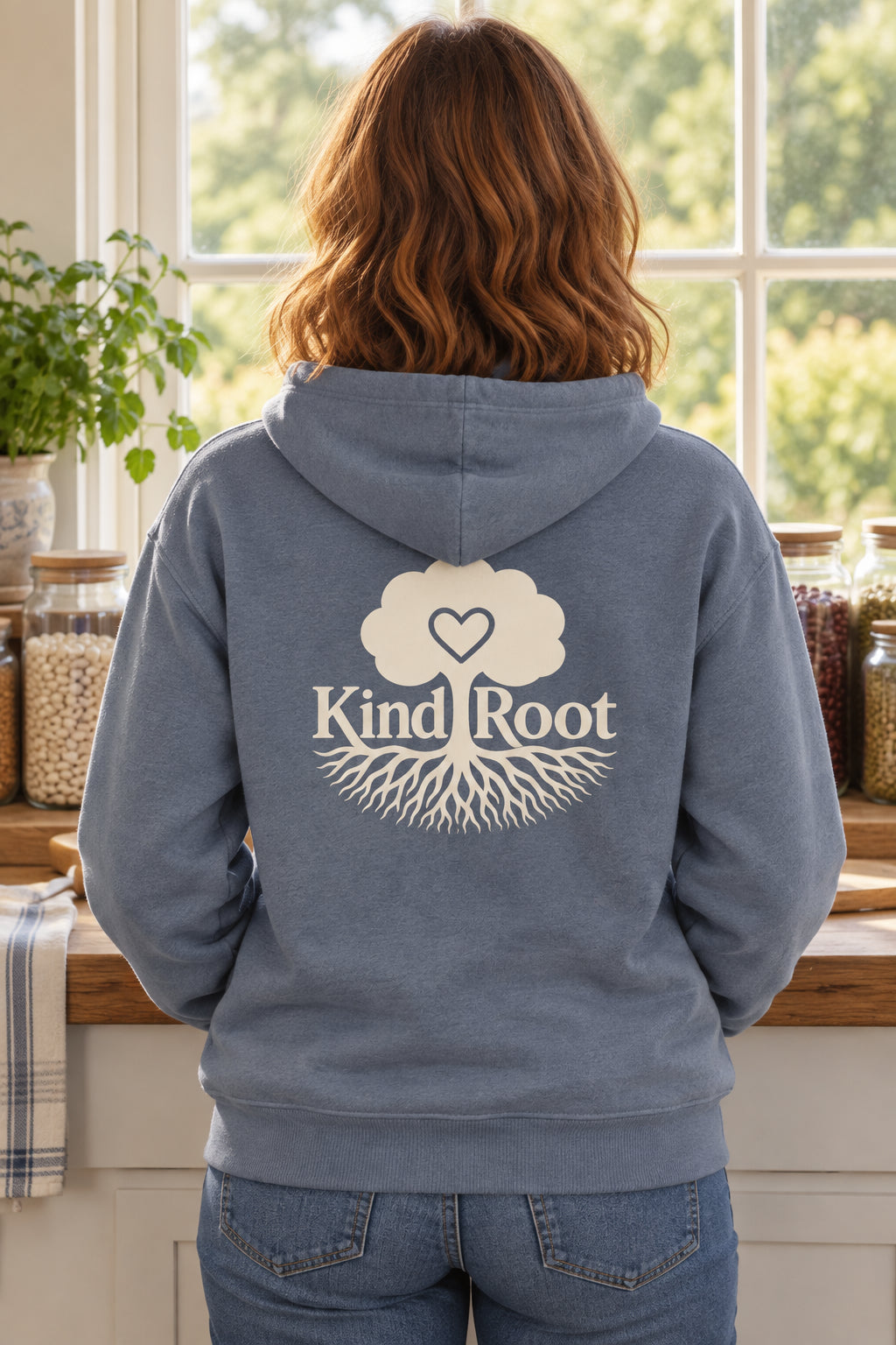 KindRoot logo on the back of the Slate unisex organic cotton hoodie