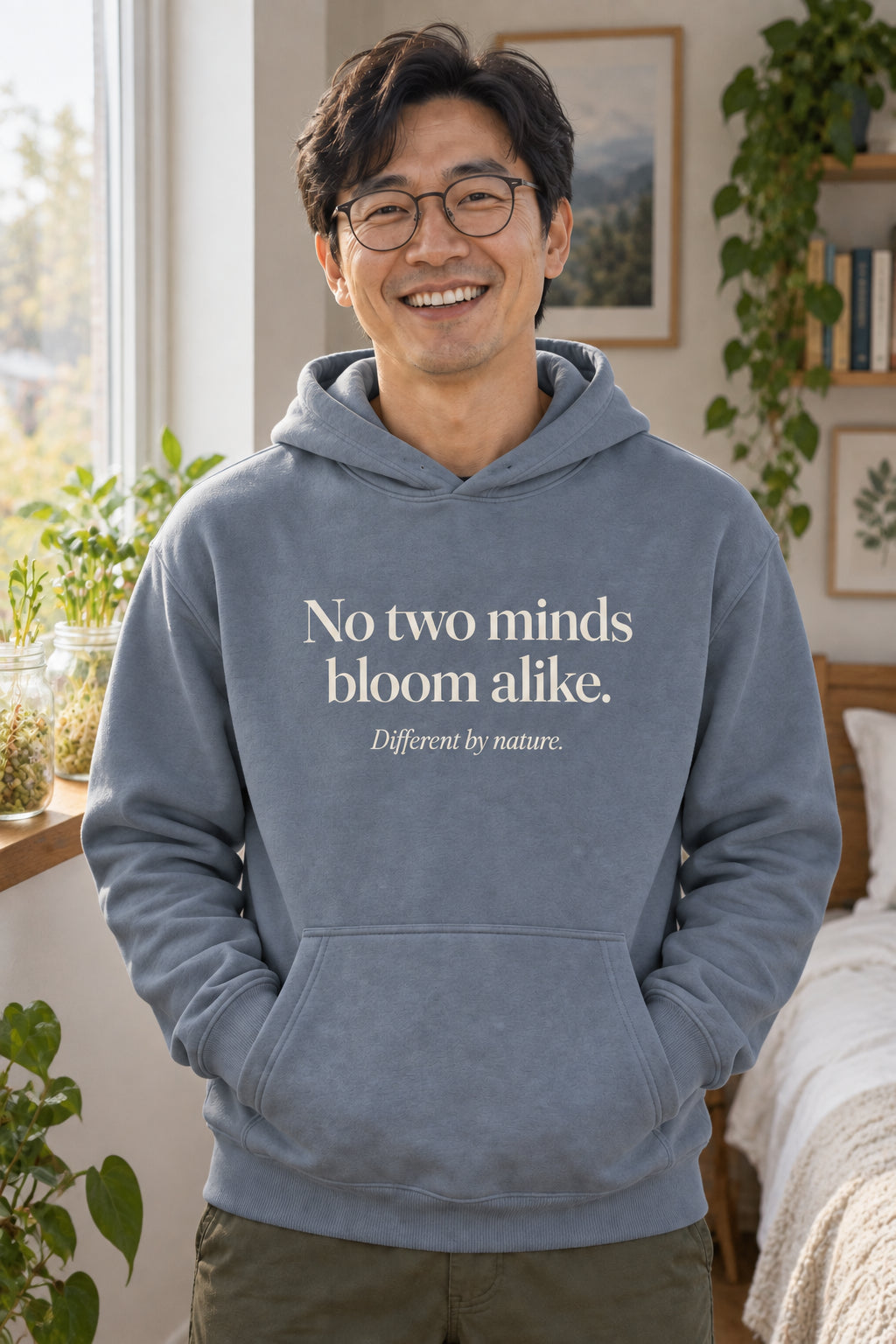 No two minds bloom alike. unisex organic cotton hoodie in Slate, front