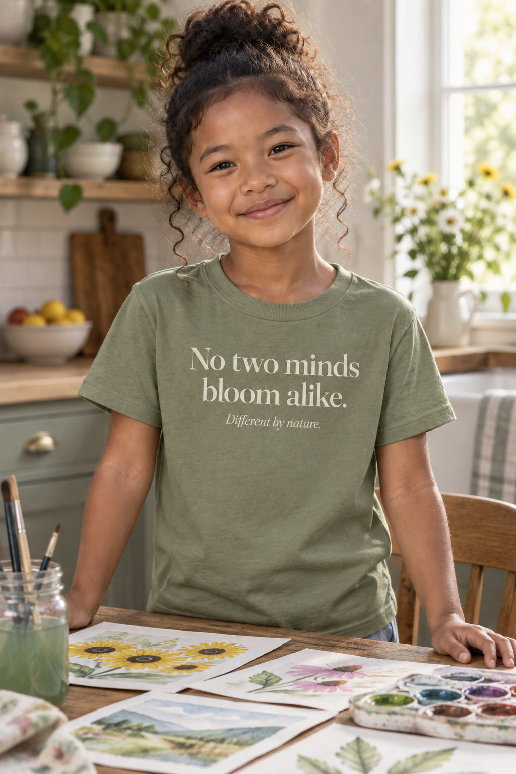 No two minds bloom alike. kids organic cotton tee in Avocado, front