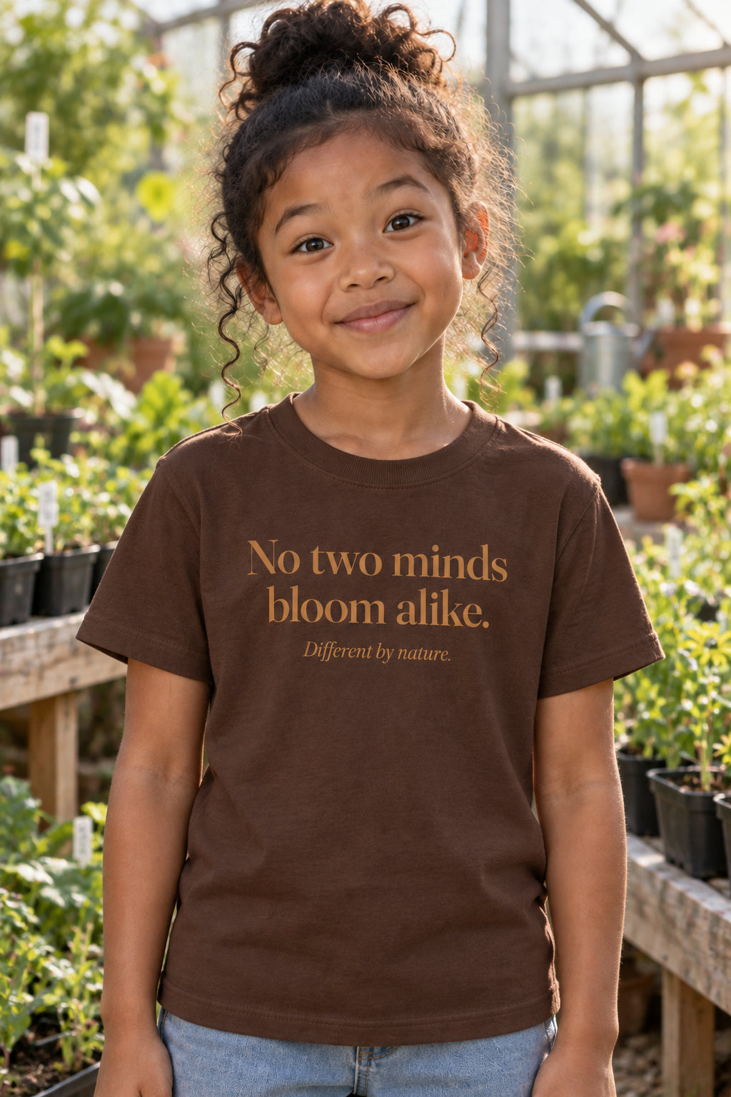 No two minds bloom alike. kids organic cotton tee in Bark, front