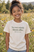 No two minds bloom alike. kids organic cotton tee in Natural, front