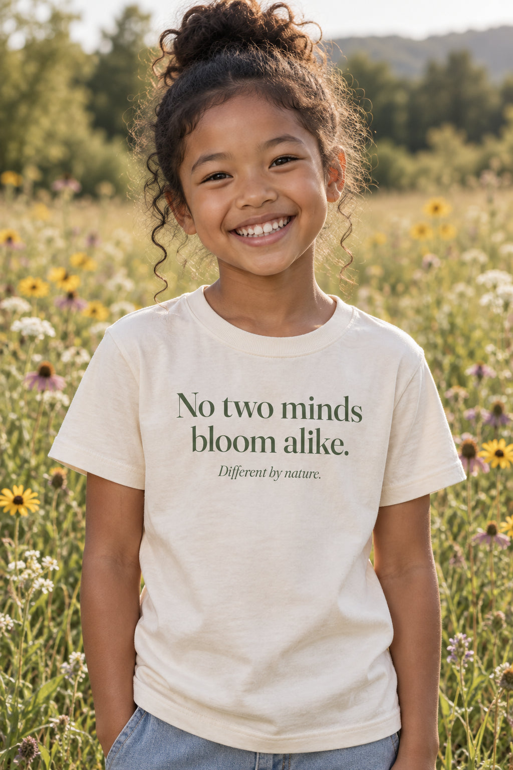 No two minds bloom alike. kids organic cotton tee in Natural, front