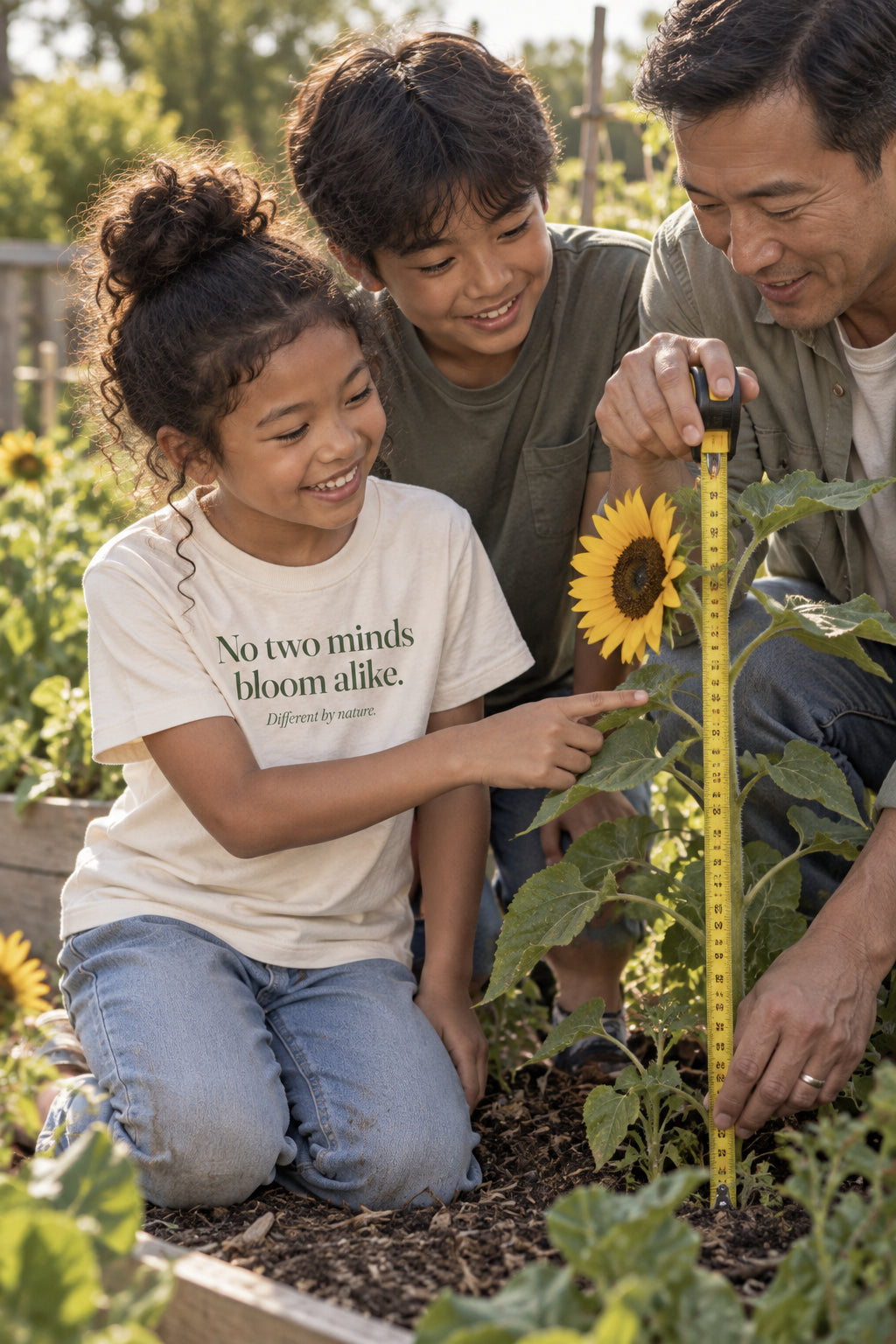 Child wearing the No two minds bloom alike. kids tee in Natural