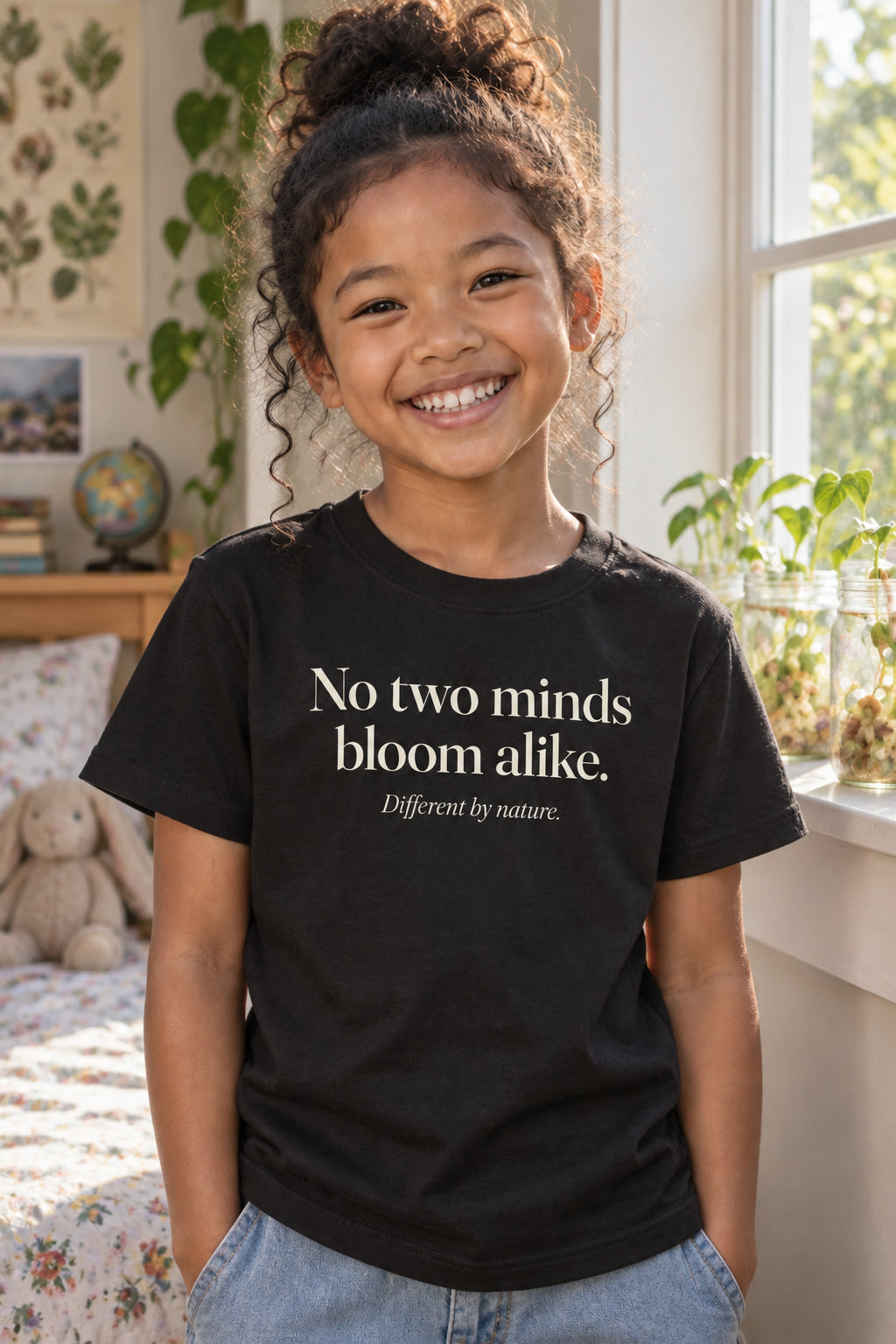 No two minds bloom alike. kids organic cotton tee in Night, front
