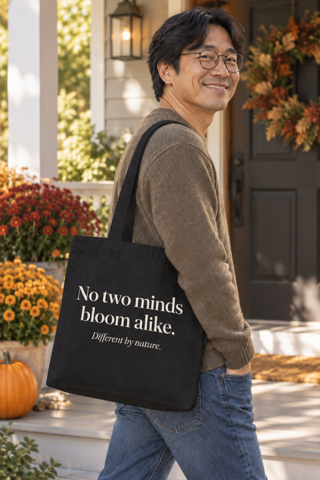 No two minds bloom alike. organic canvas market tote in Black, carried on the shoulder