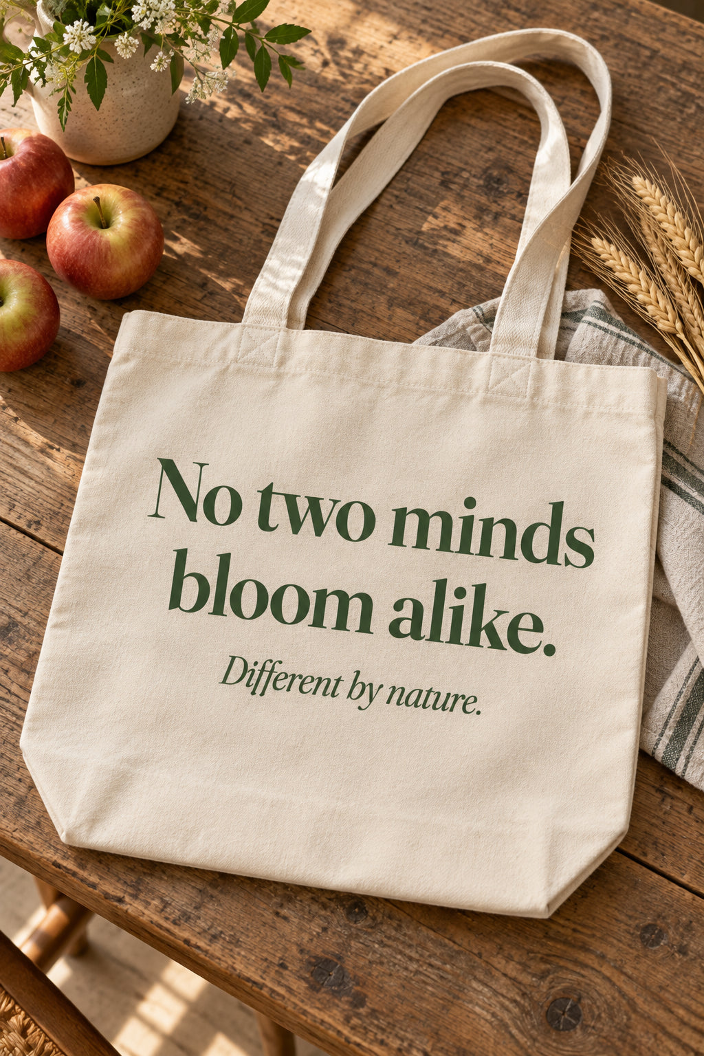 No two minds bloom alike. organic canvas market tote in Natural, flat lay