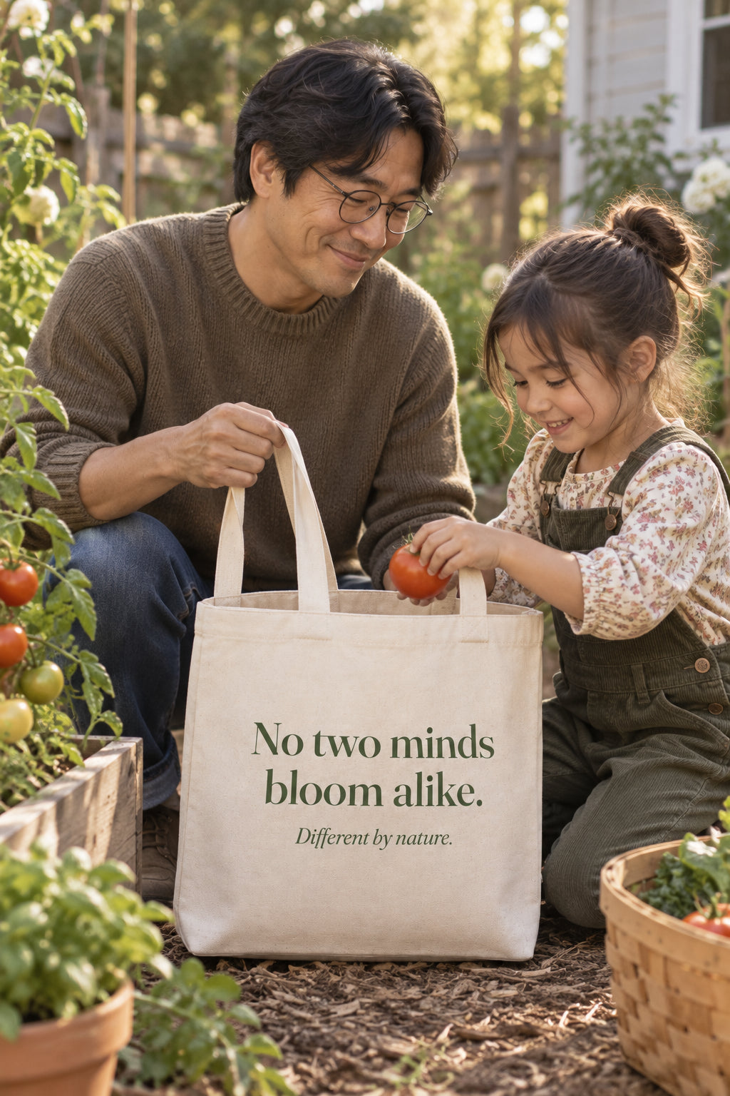 Parent carrying the No two minds bloom alike. tote in Natural