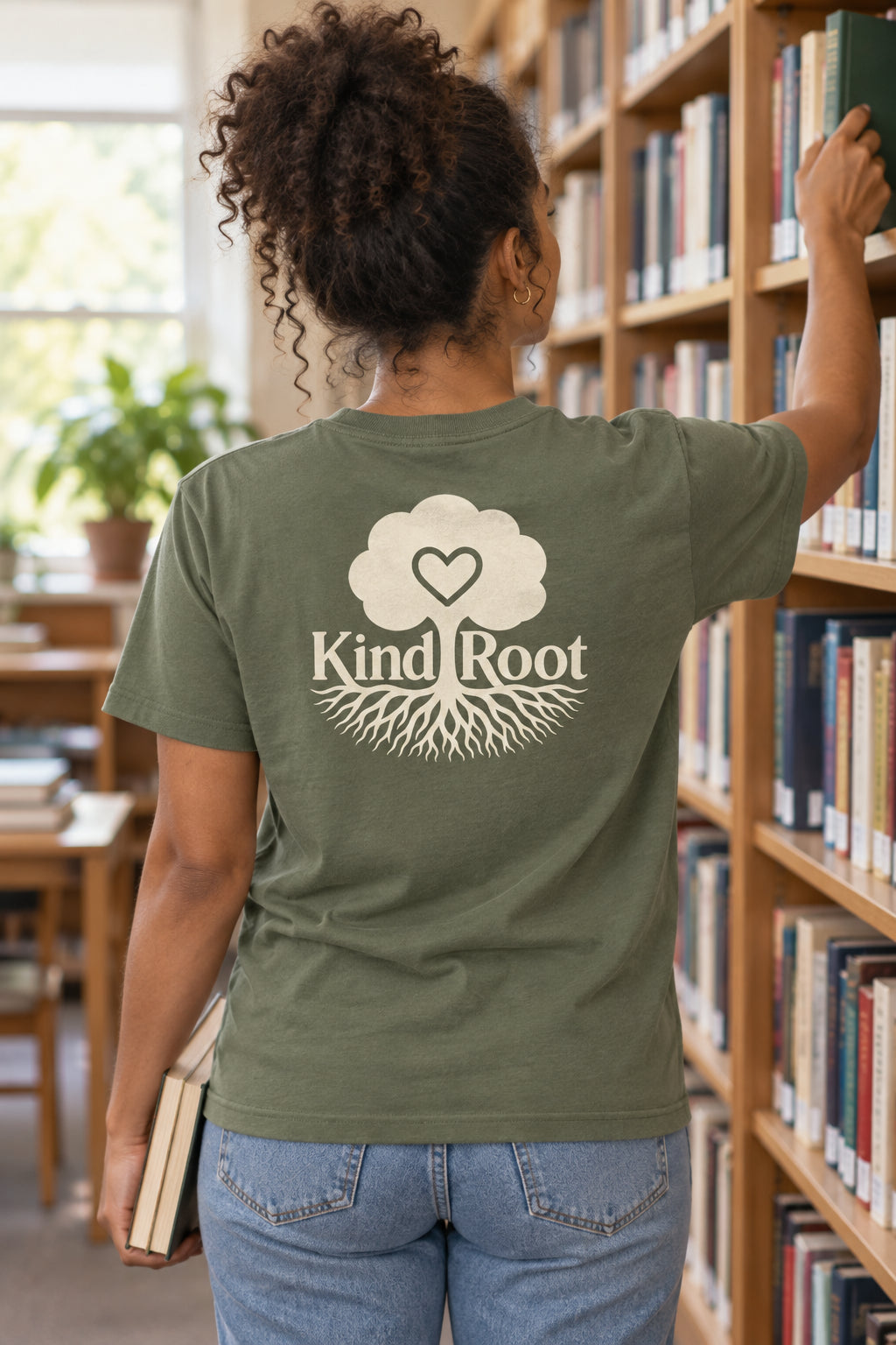 KindRoot logo on the back of the Moss unisex organic cotton tee