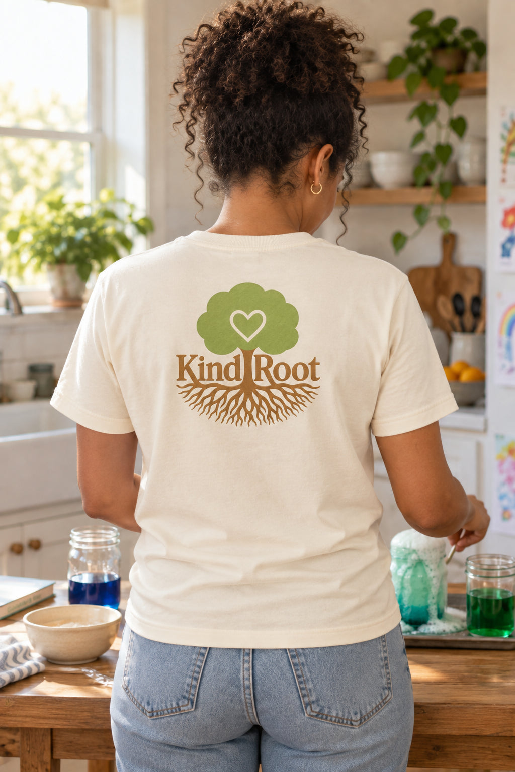 KindRoot logo on the back of the Natural unisex organic cotton tee
