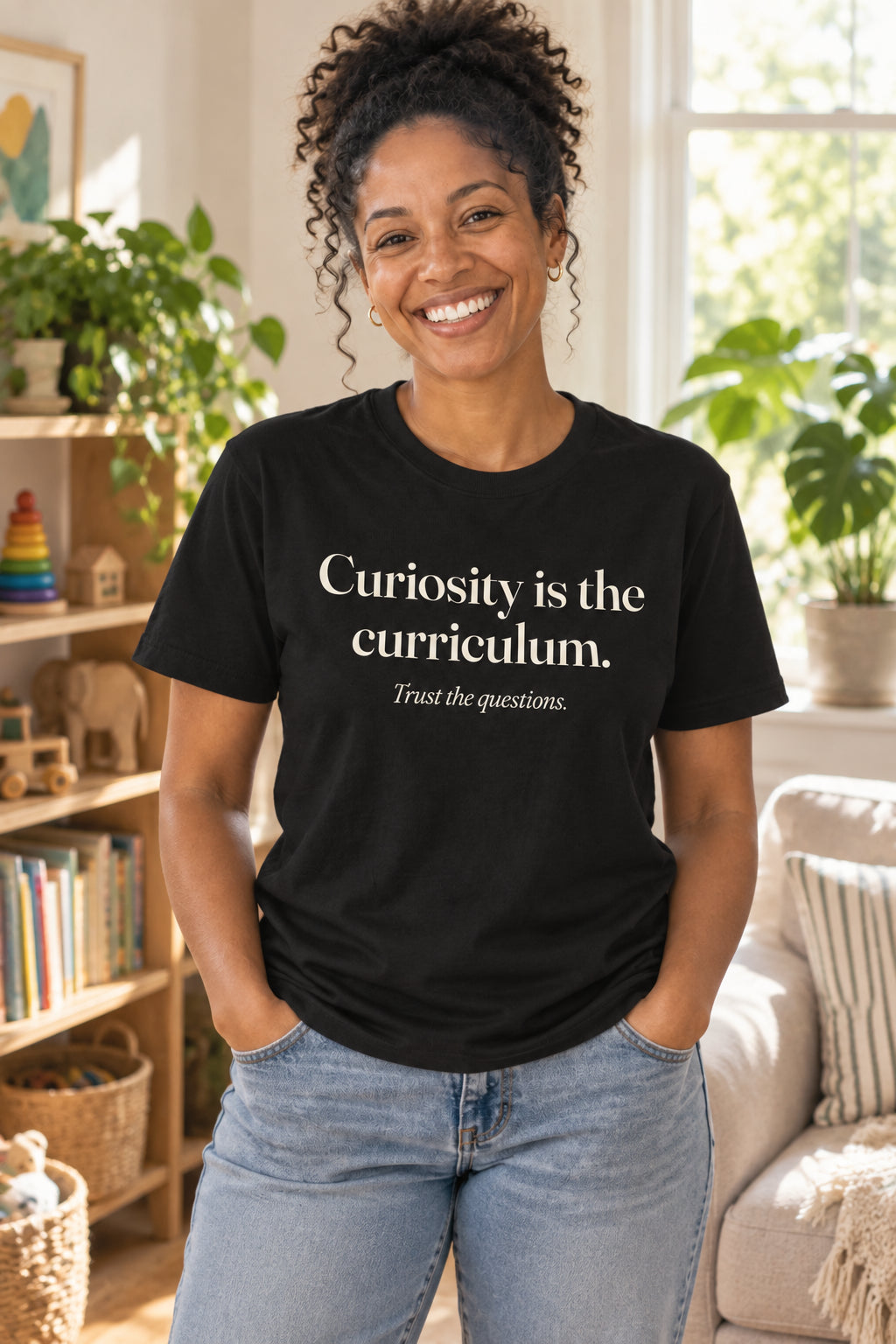 Curiosity is the curriculum. unisex organic cotton tee in Night, front