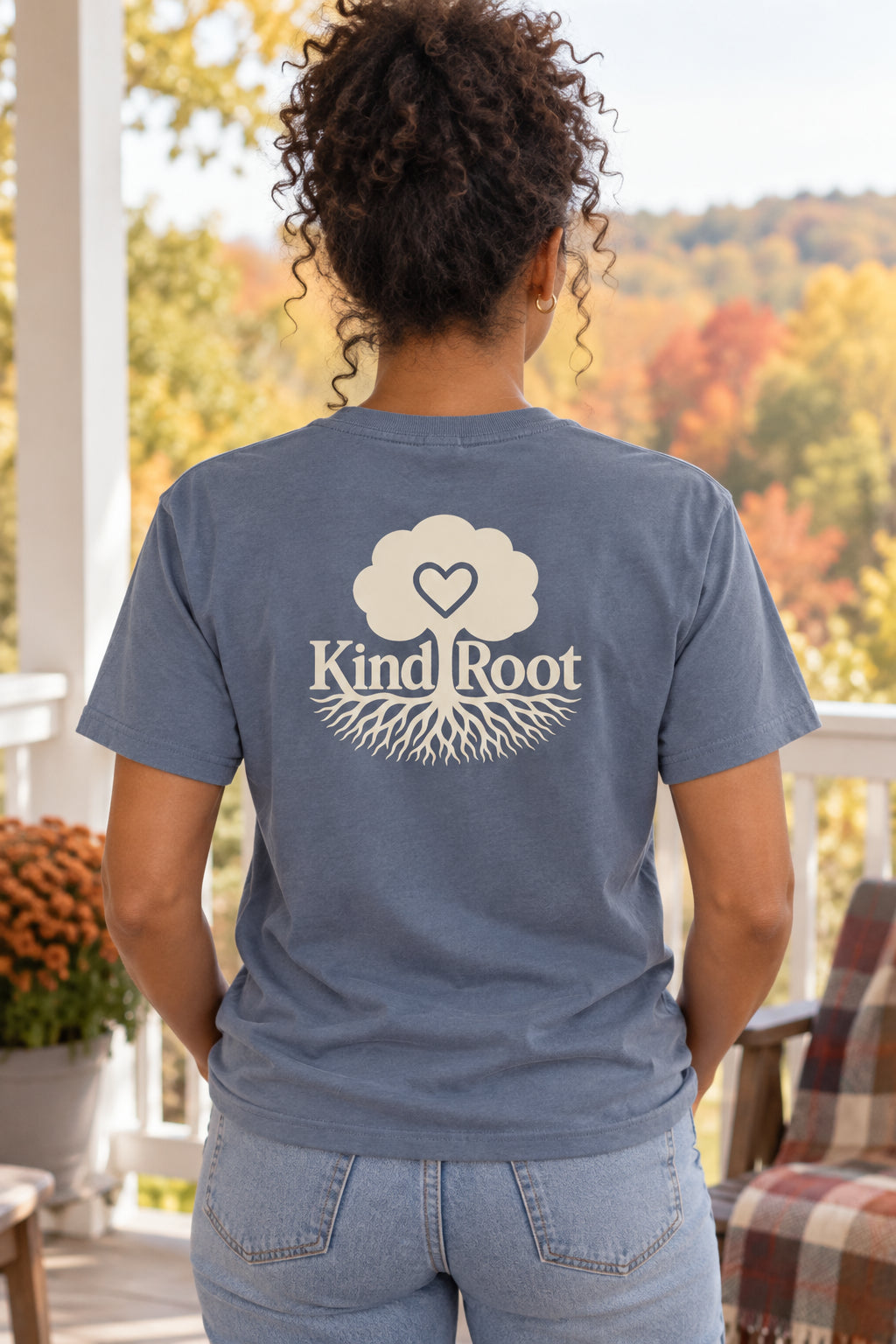 KindRoot logo on the back of the Slate unisex organic cotton tee