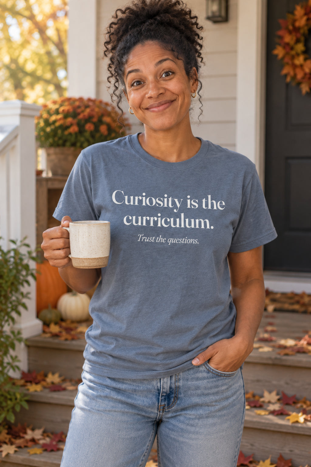 Curiosity is the curriculum. unisex organic cotton tee in Slate, front