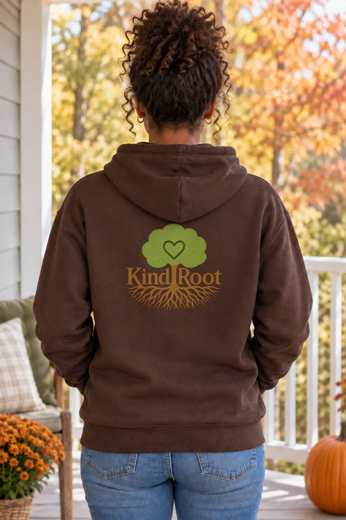 KindRoot logo on the back of the Bark unisex organic cotton hoodie