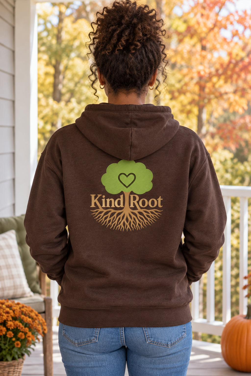 KindRoot logo on the back of the Bark unisex organic cotton hoodie