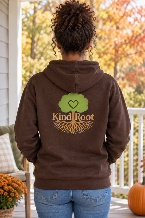 KindRoot logo on the back of the Bark unisex organic cotton hoodie