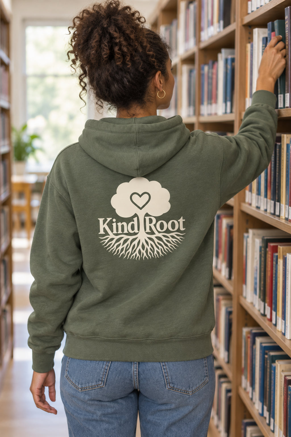 KindRoot logo on the back of the Moss unisex organic cotton hoodie