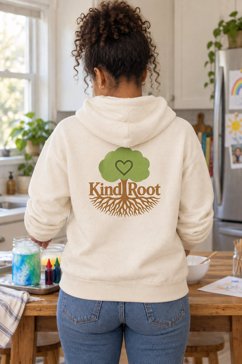 KindRoot logo on the back of the Natural unisex organic cotton hoodie