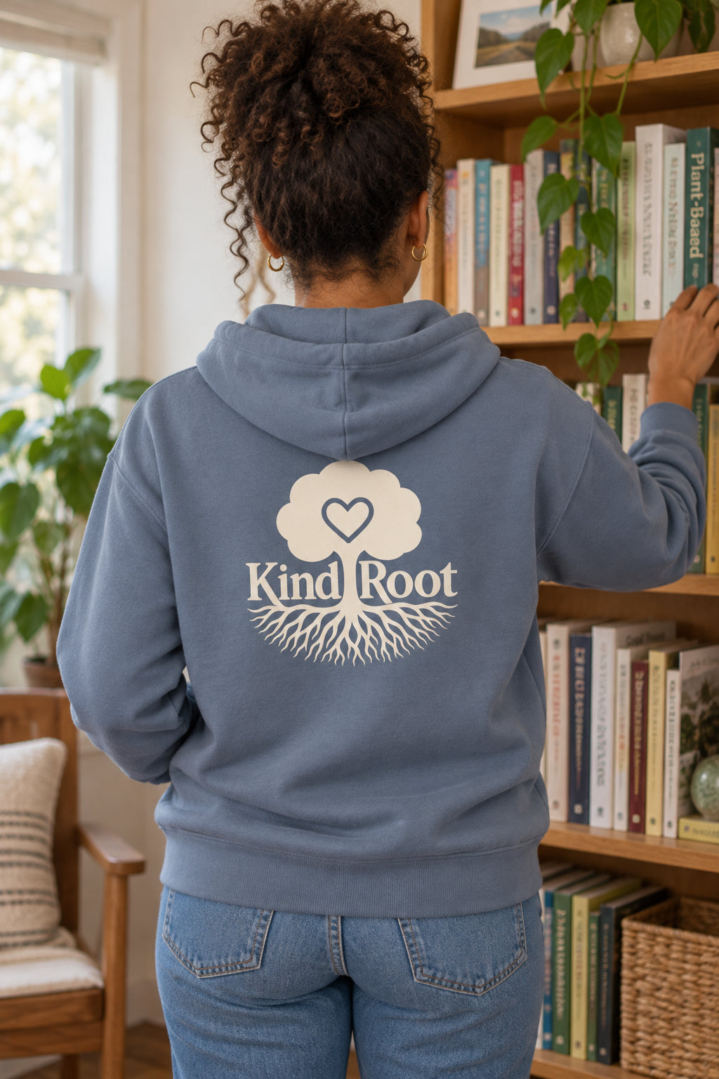 KindRoot logo on the back of the Slate unisex organic cotton hoodie