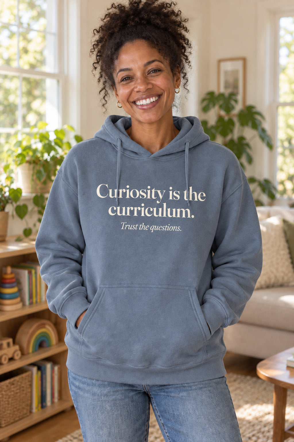 Curiosity is the curriculum. unisex organic cotton hoodie in Slate, front