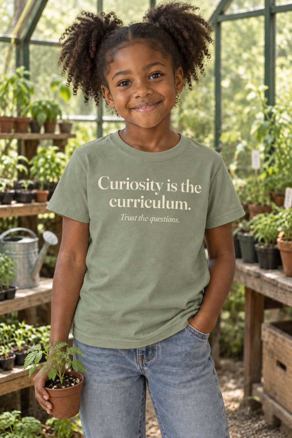 Curiosity is the curriculum. kids organic cotton tee in Avocado, front