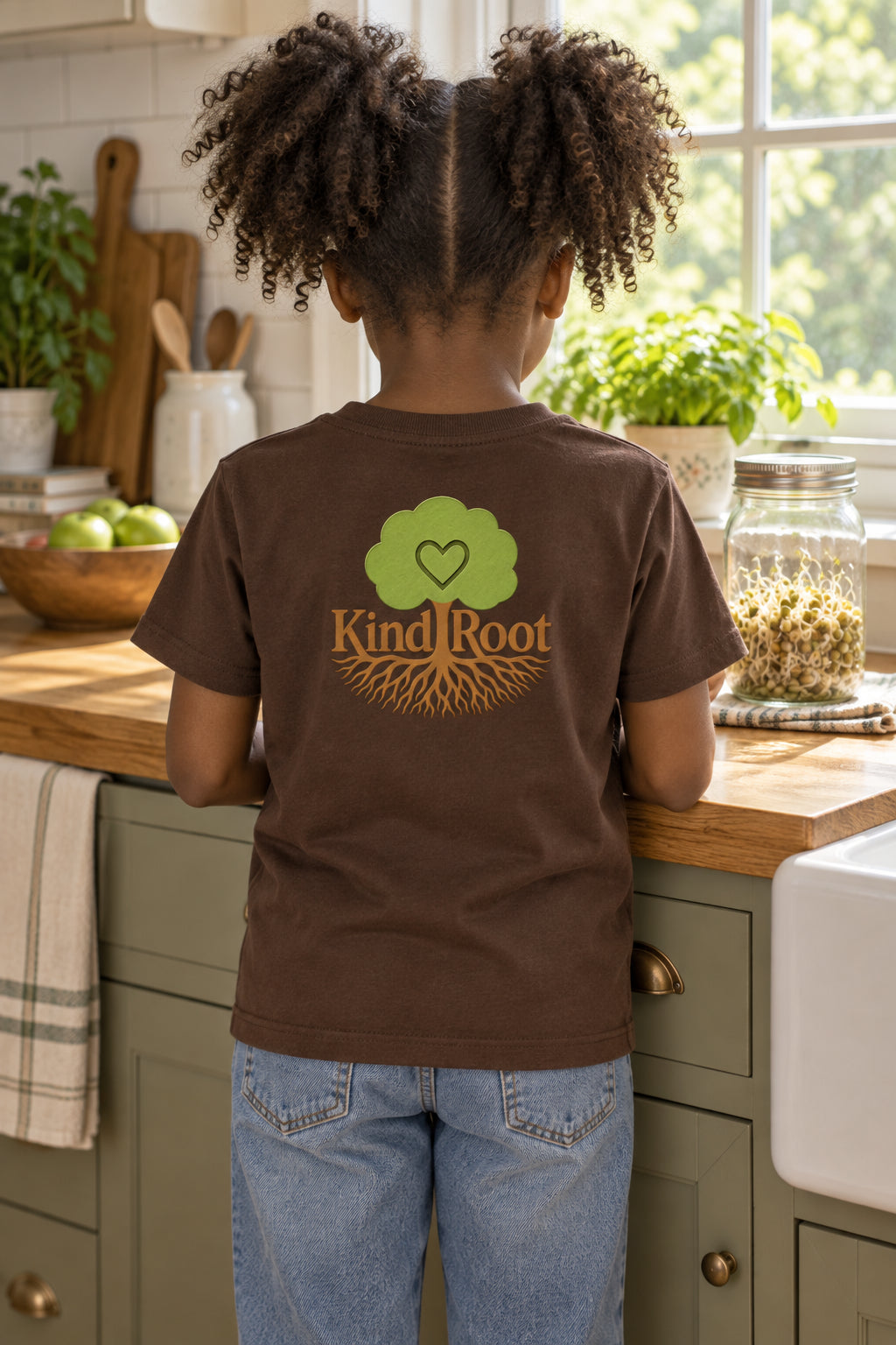 KindRoot logo on the back of the Bark kids organic cotton tee