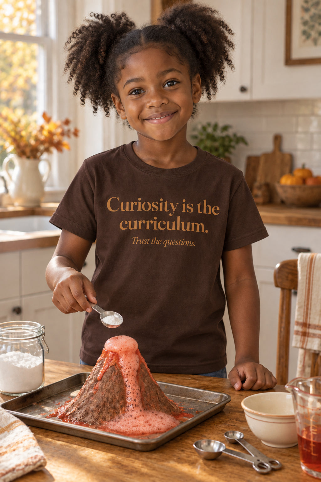 Curiosity is the curriculum. kids organic cotton tee in Bark, front