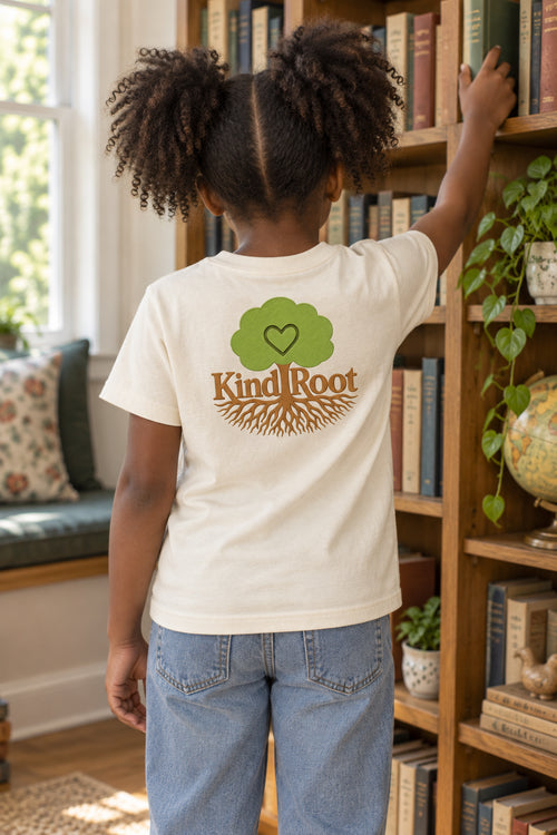 KindRoot logo on the back of the Natural kids organic cotton tee