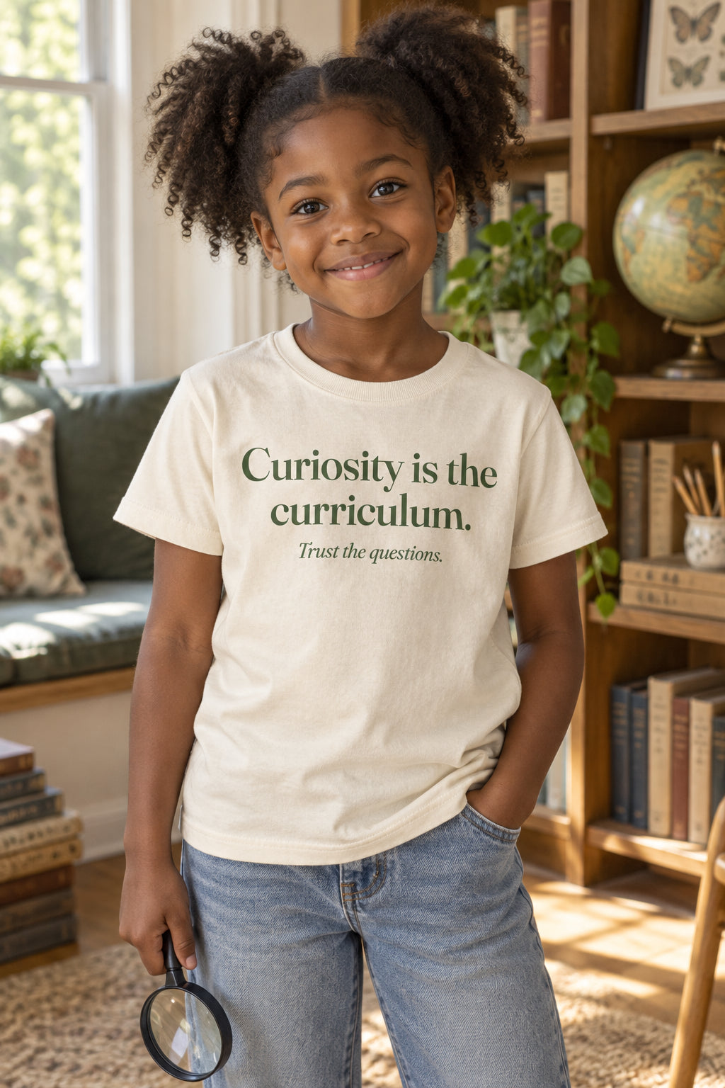 Curiosity is the curriculum. kids organic cotton tee in Natural, front