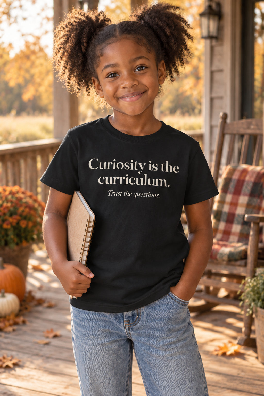 Curiosity is the curriculum. kids organic cotton tee in Night, front
