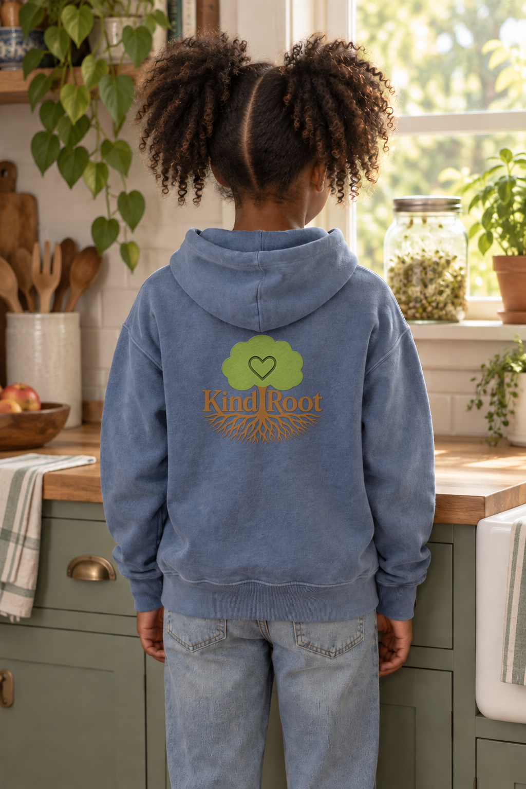 KindRoot logo on the back of the Blue Jean kids hoodie