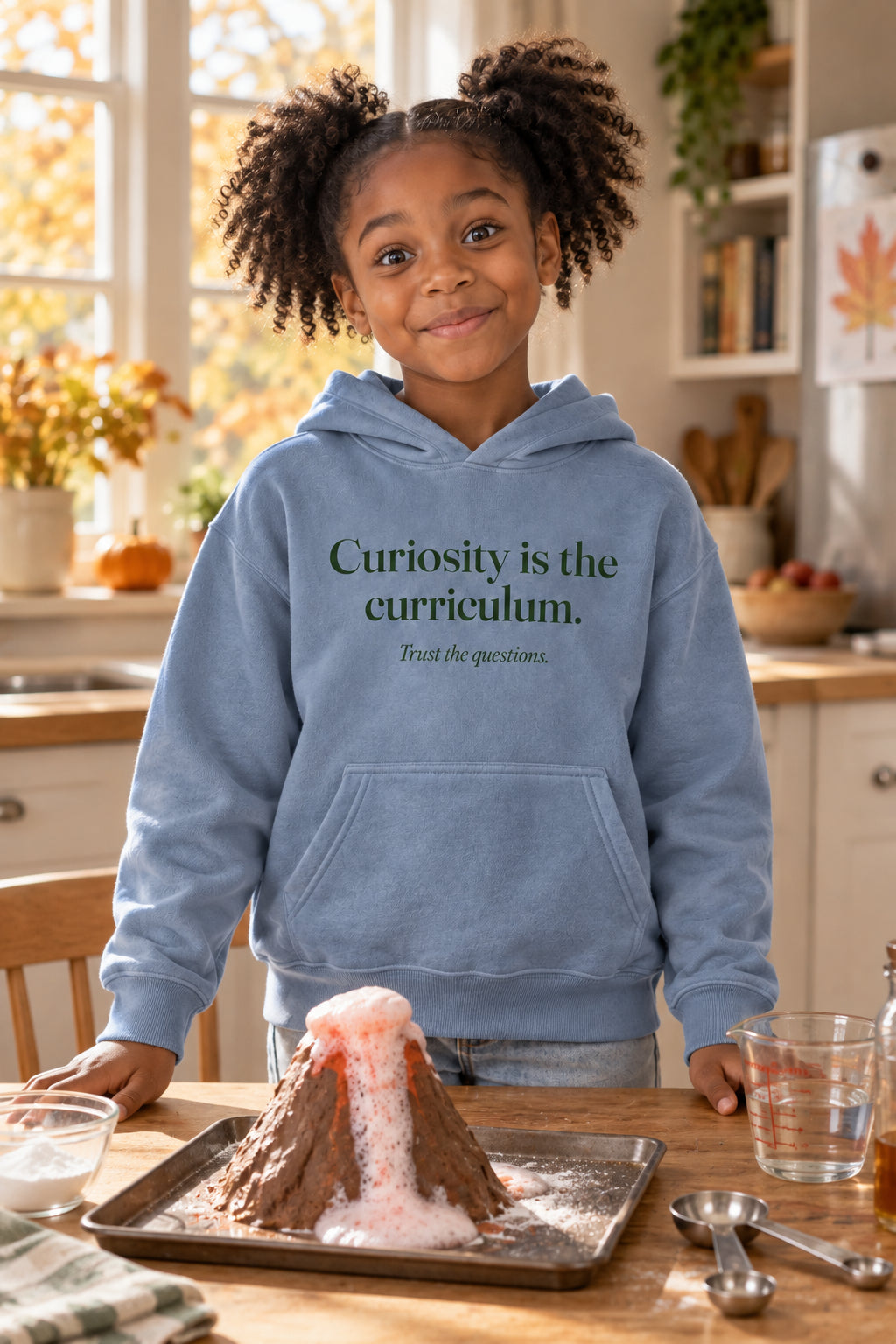 Curiosity is the curriculum. kids hoodie in Blue Jean, front
