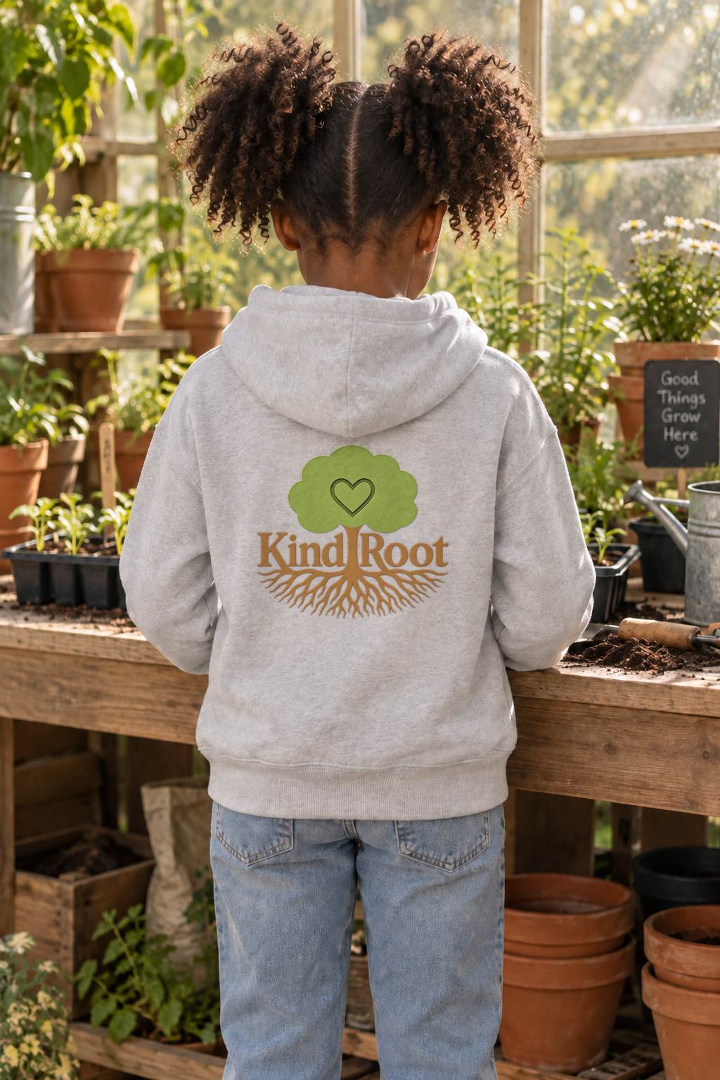 KindRoot logo on the back of the Grey kids hoodie