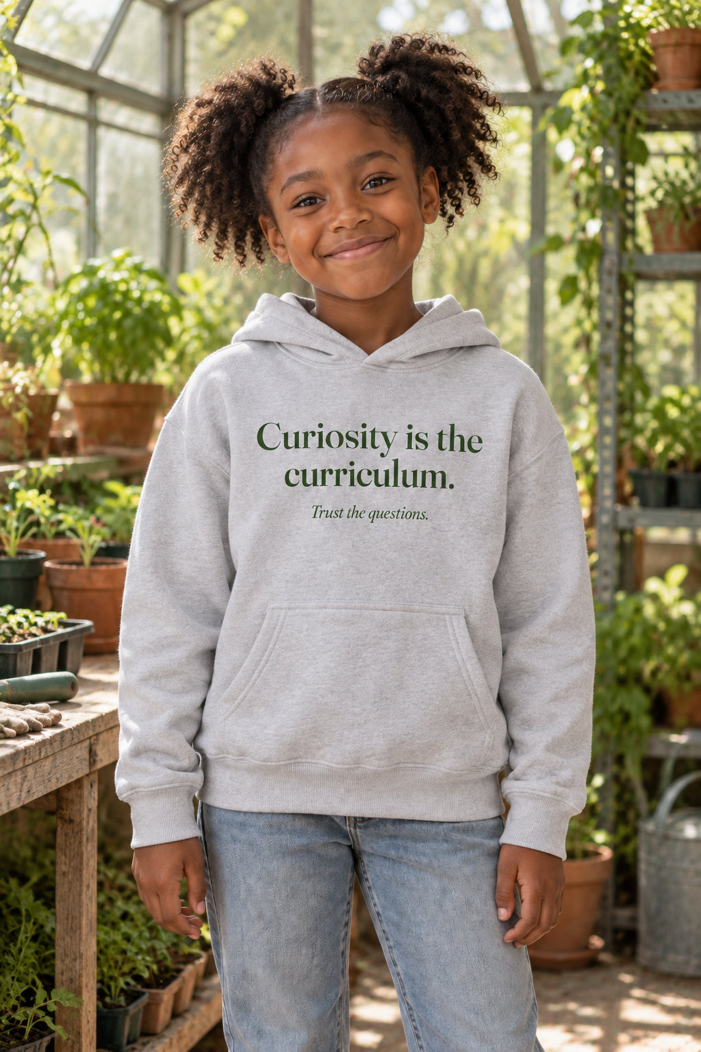 Curiosity is the curriculum. kids hoodie in Grey, front