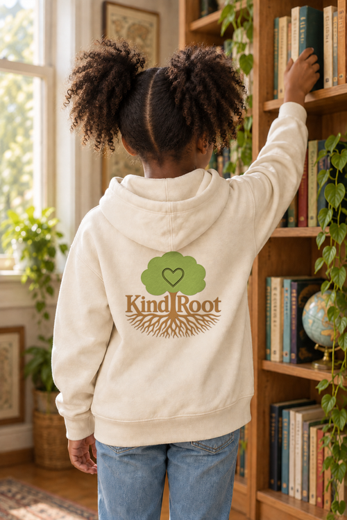 KindRoot logo on the back of the Ivory kids hoodie