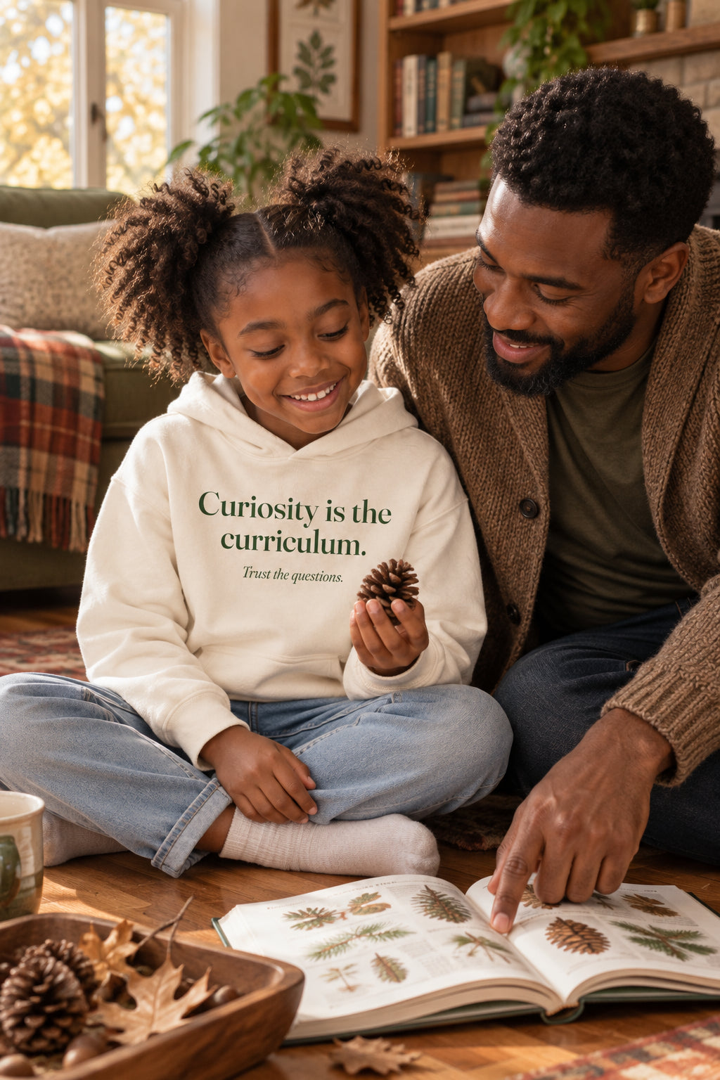Child wearing the Curiosity is the curriculum. kids hoodie in Ivory