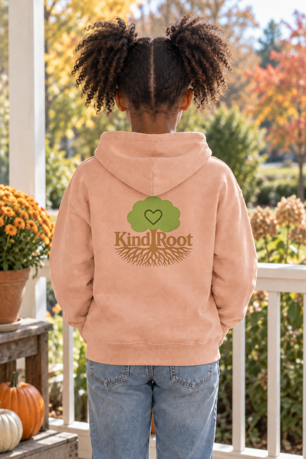 KindRoot logo on the back of the Peachy kids hoodie