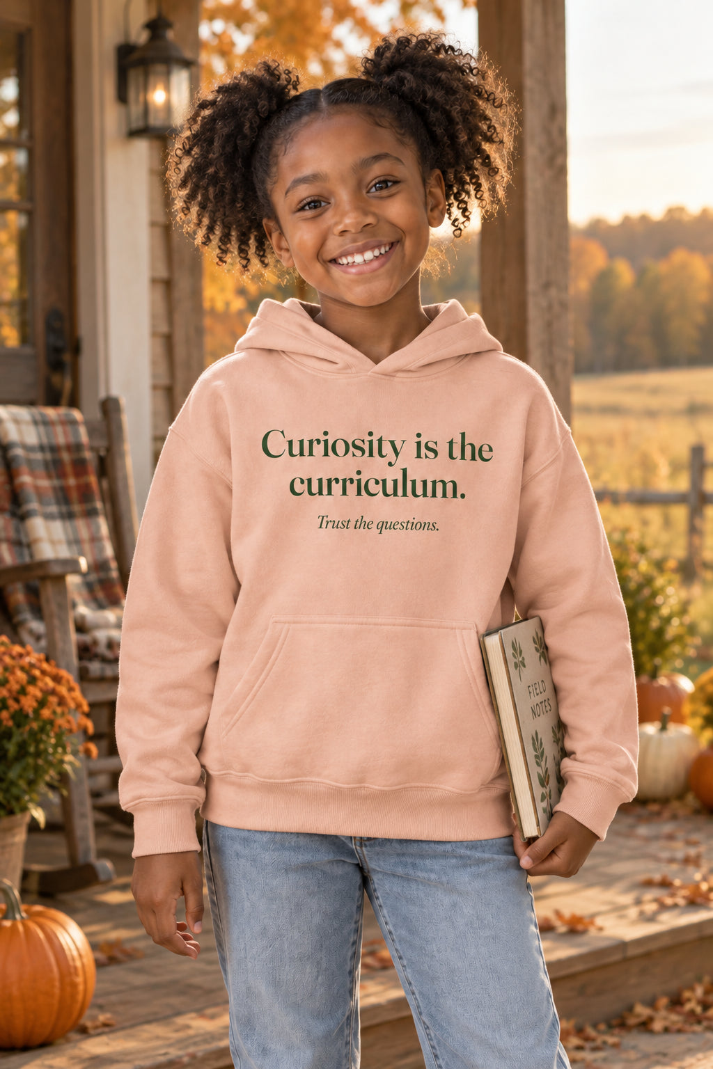Curiosity is the curriculum. kids hoodie in Peachy, front