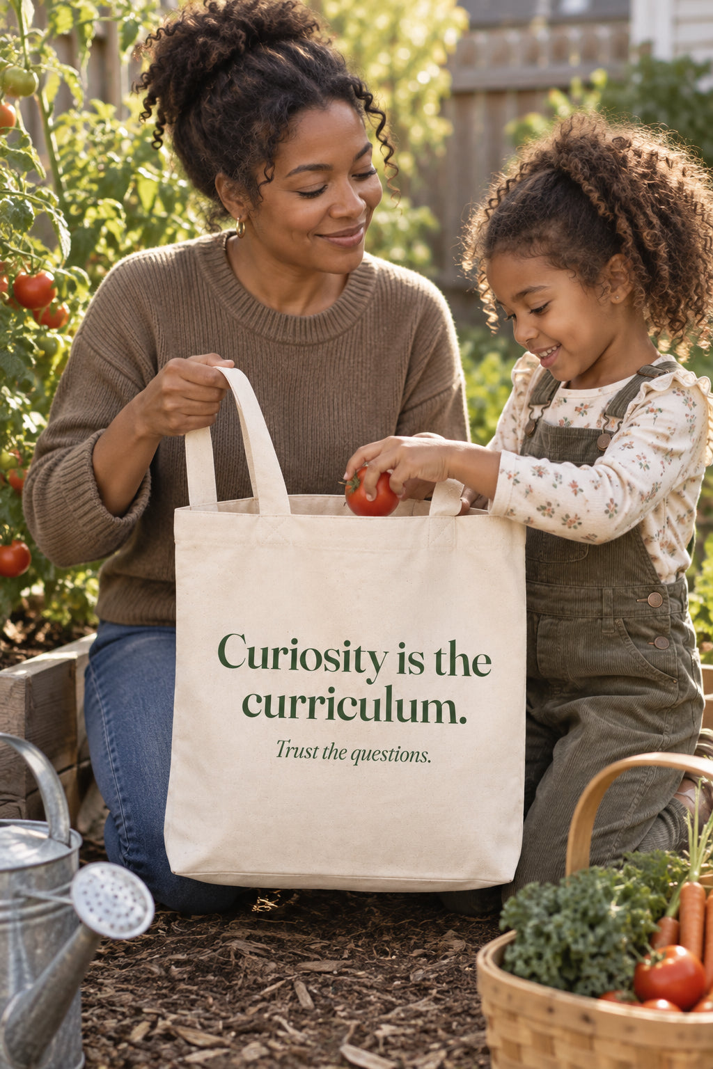 Parent carrying the Curiosity is the curriculum. tote in Natural