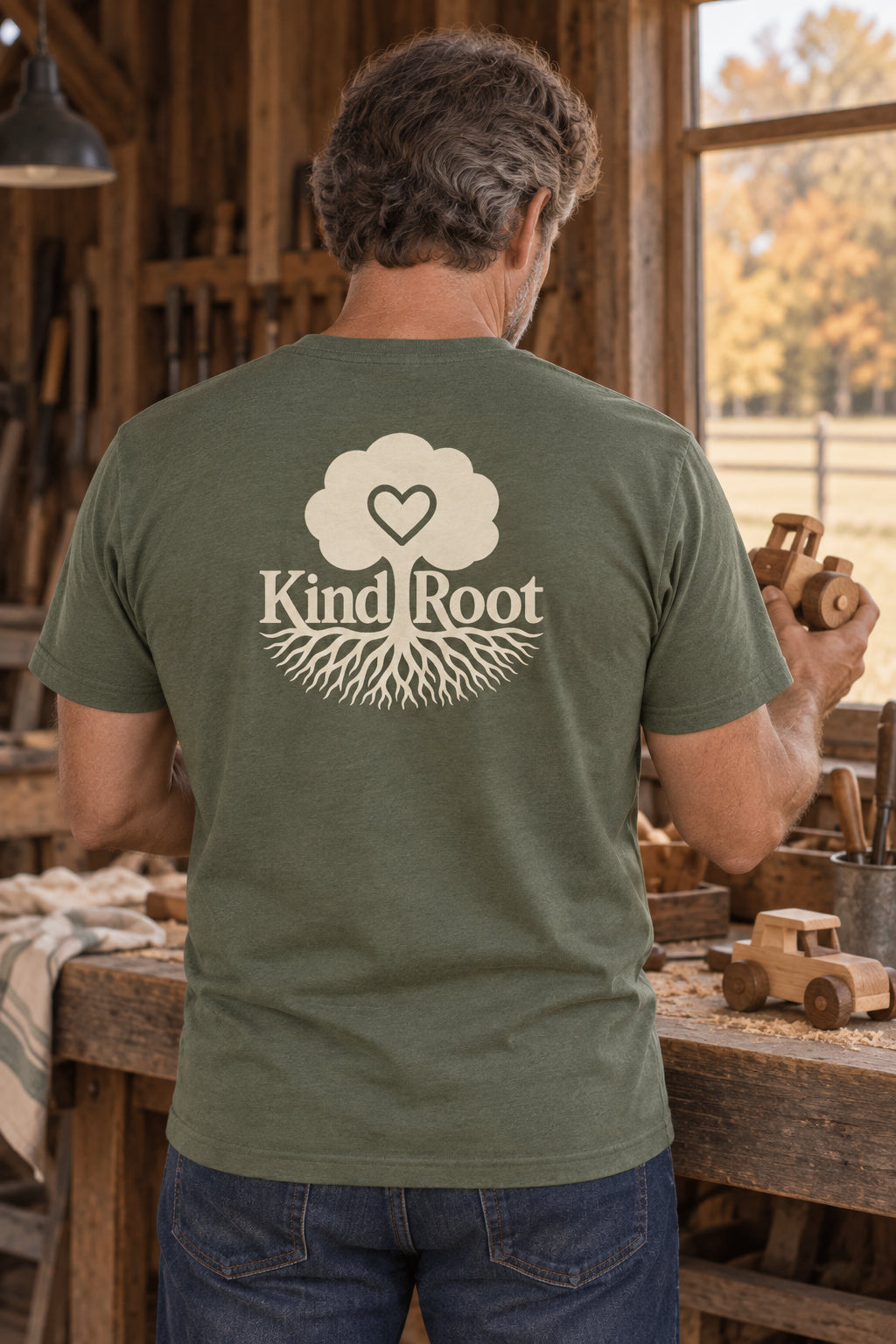 KindRoot logo on the back of the Moss unisex organic cotton tee