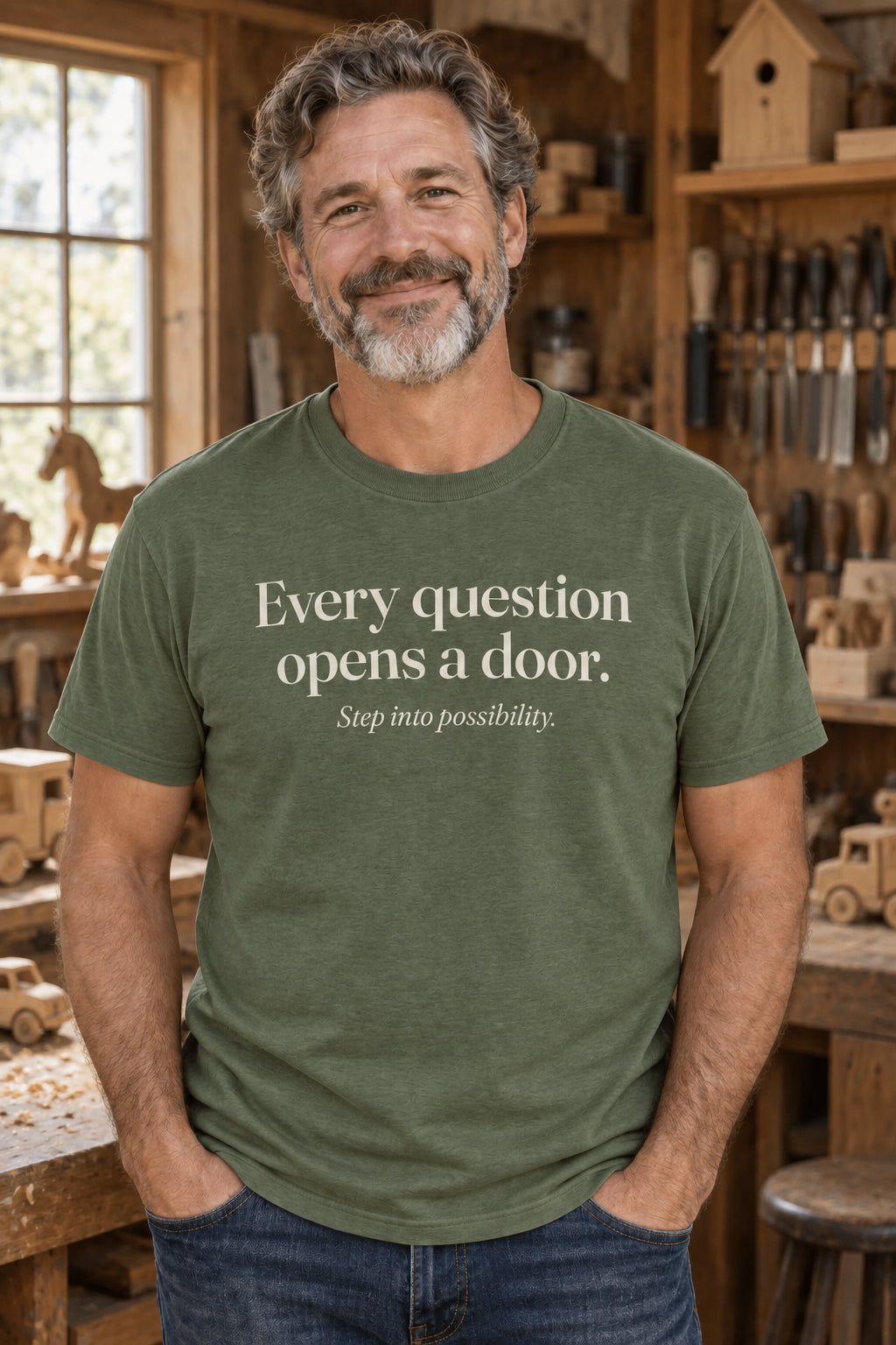 Every question opens a door. unisex organic cotton tee in Moss, front