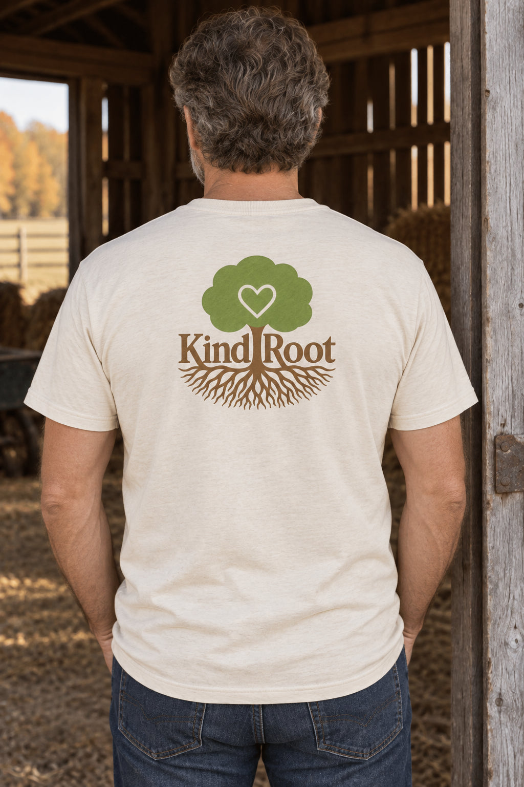 KindRoot logo on the back of the Natural unisex organic cotton tee