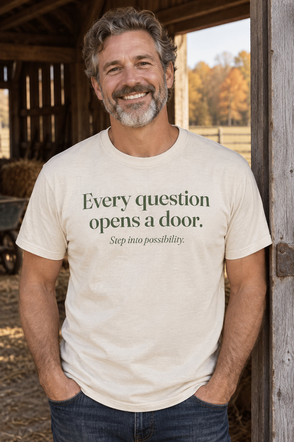 Every question opens a door. unisex organic cotton tee in Natural, front