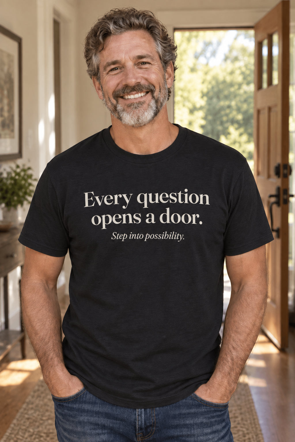 Every question opens a door. unisex organic cotton tee in Night, front