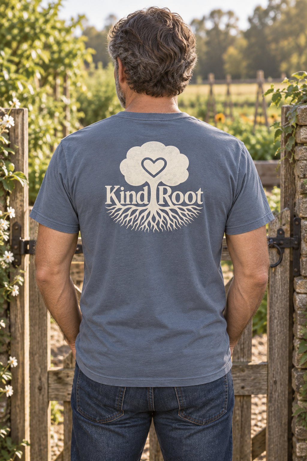KindRoot logo on the back of the Slate unisex organic cotton tee
