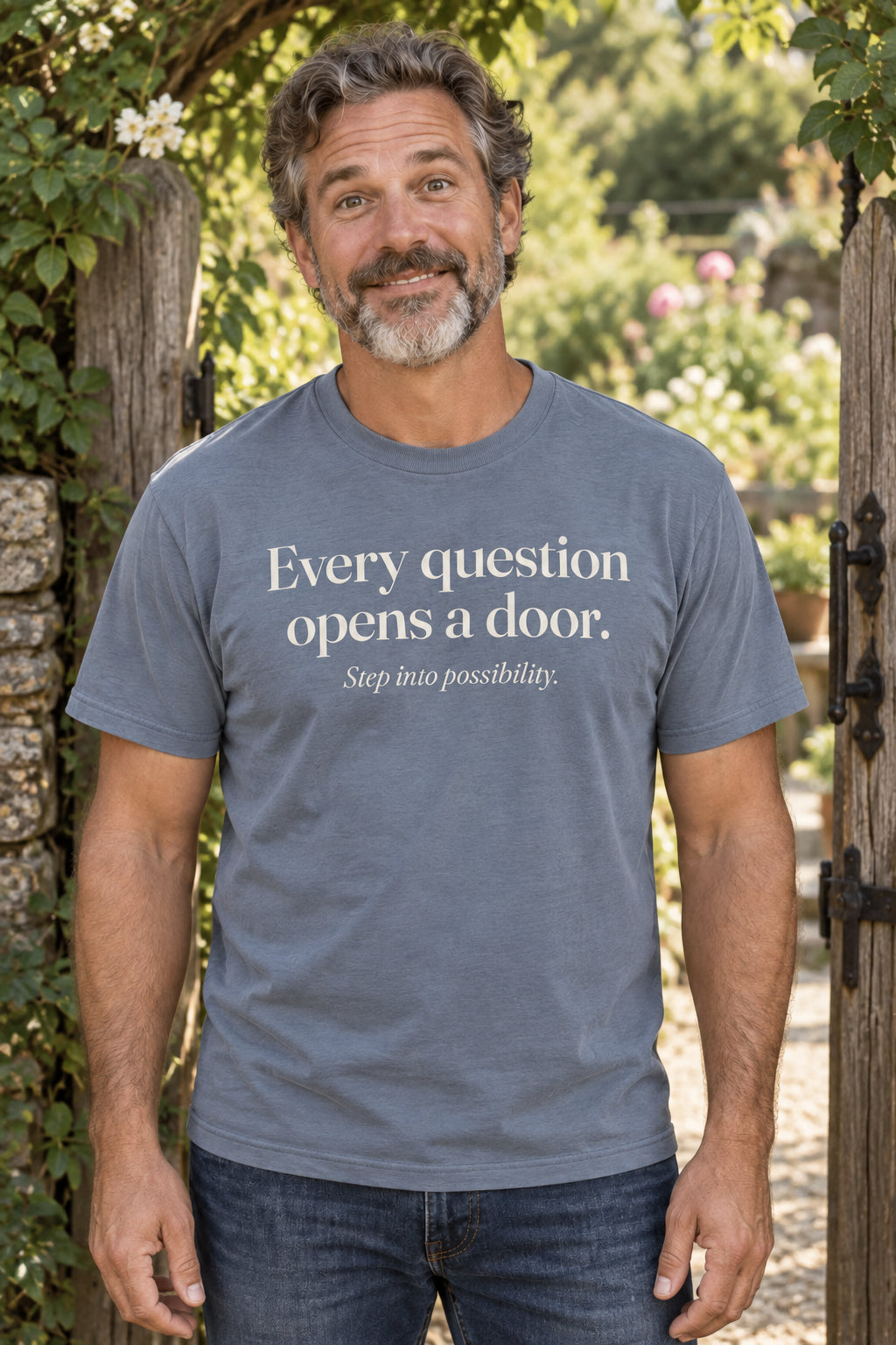 Every question opens a door. unisex organic cotton tee in Slate, front