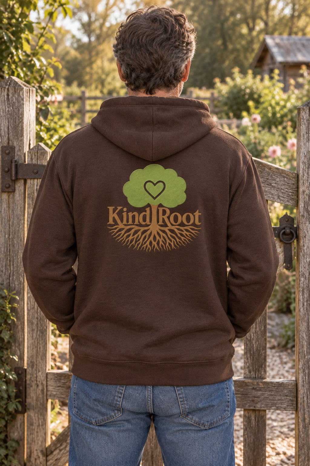 KindRoot logo on the back of the Bark unisex organic cotton hoodie