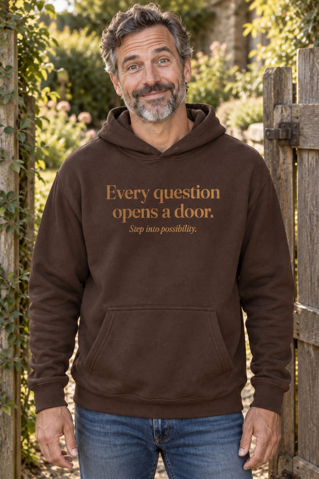 Every question opens a door. unisex organic cotton hoodie in Bark, front