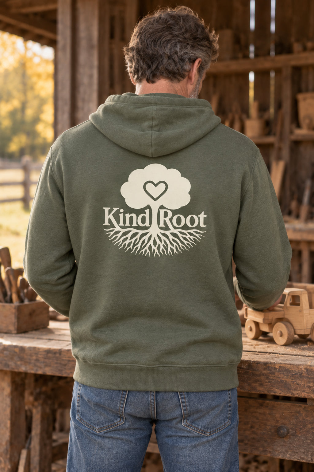 KindRoot logo on the back of the Moss unisex organic cotton hoodie
