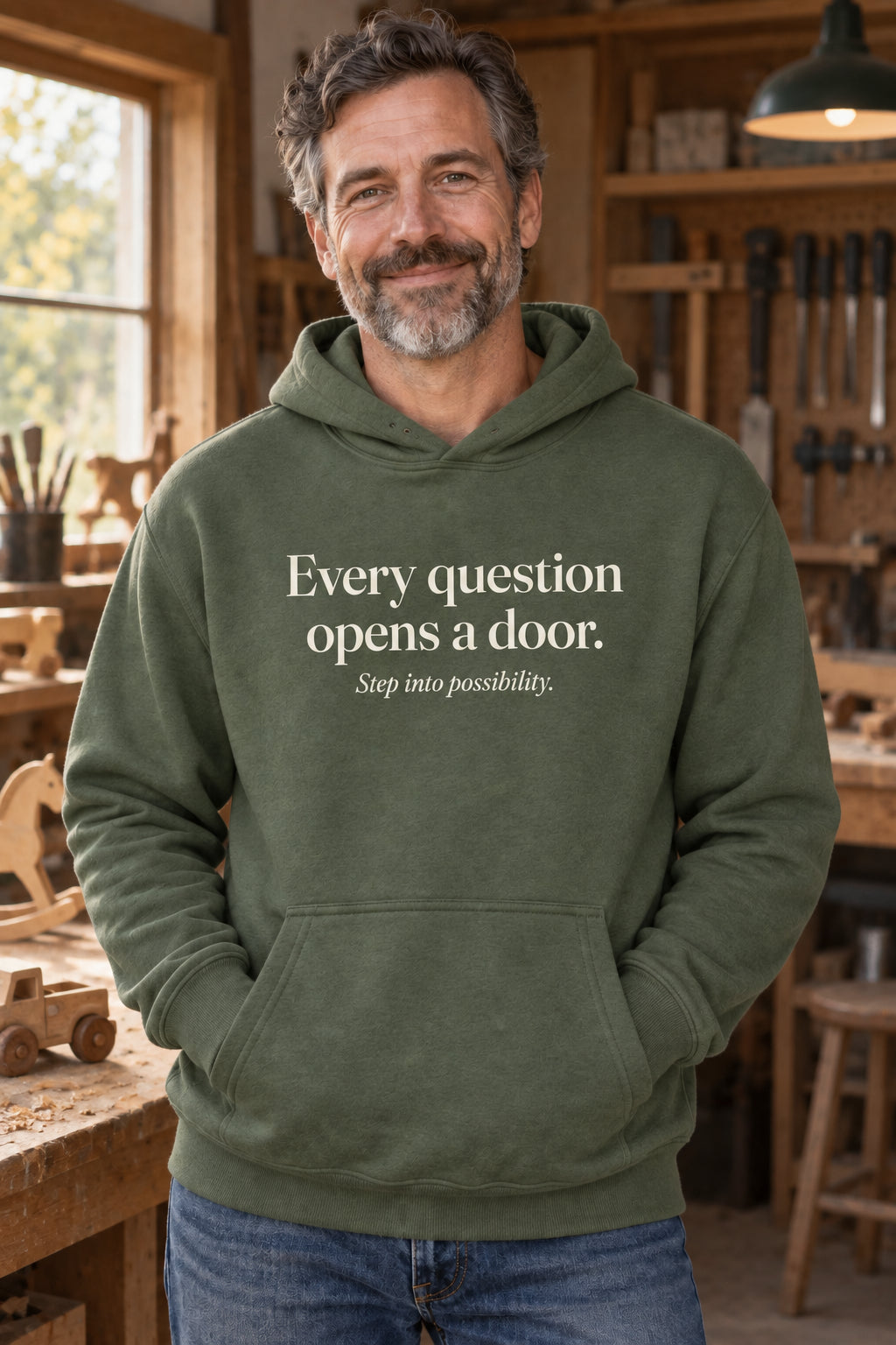 Every question opens a door. unisex organic cotton hoodie in Moss, front