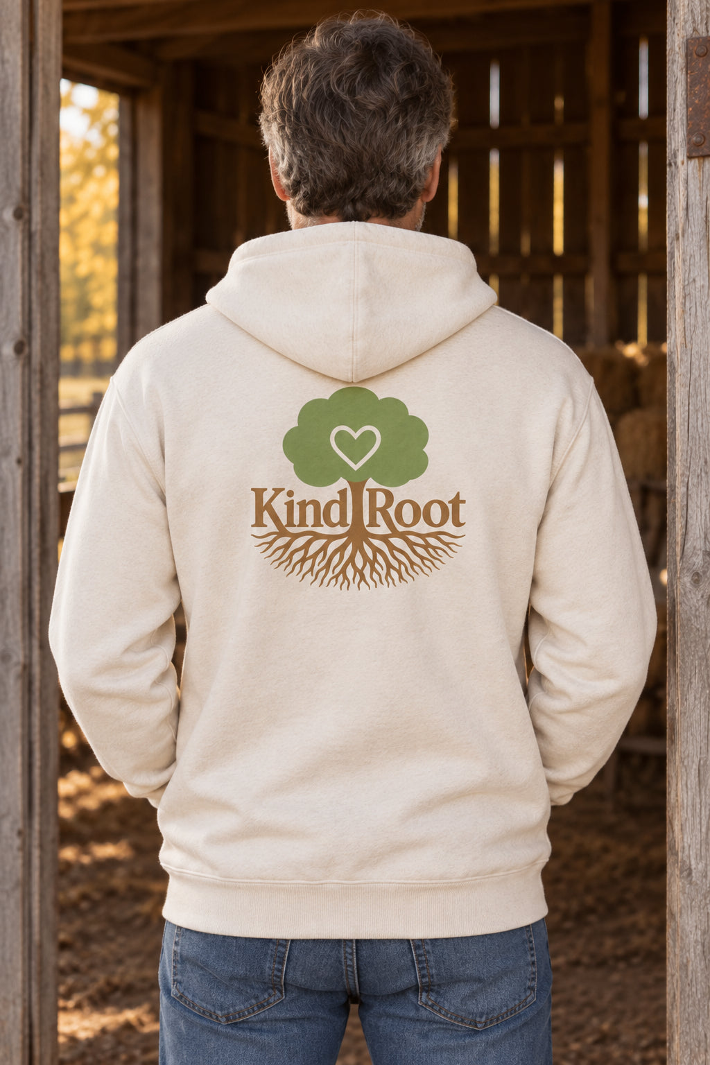 KindRoot logo on the back of the Natural unisex organic cotton hoodie